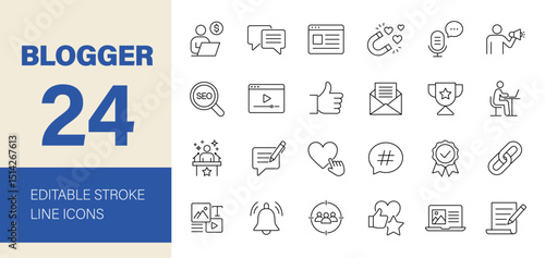 Blogger icon set. Containing influencer, content, creation, vlogger, social media, digital marketing, like, vlogging, blog, personal brand and more. Editable line icons. Vector illustration.