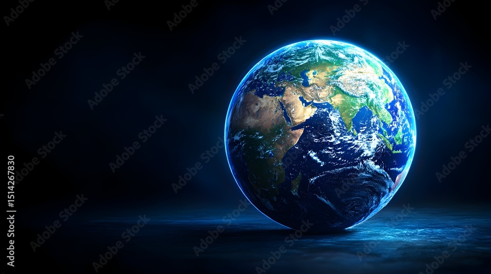 A digitally rendered Earth, illuminated, rests on a dark, reflective surface against a black background; continents and oceans are visible A digitally rendered Earth, illuminated, rests on a dark, reflective surface against a black background; continents and oceans are visible