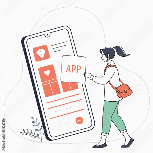 Woman interacting with giant mobile app interface design