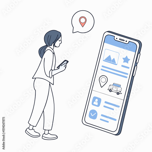 Woman using mobile app for travel planning booking car rental service