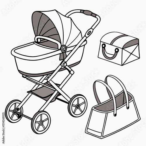 Baby stroller with diaper bag and tote bag illustration