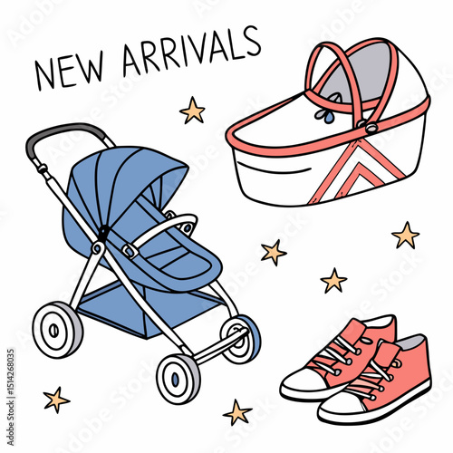 New arrivals baby stroller bassinet shoes cute illustration