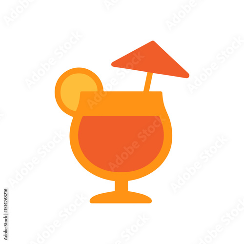 A stylized orange cocktail with a wedge of fruit and a tiny umbrella on a white background