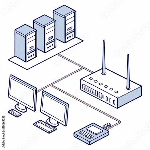 Network diagram showing computers connected to servers and router