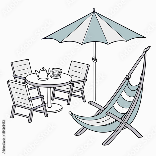 Relaxing patio scene with table chairs umbrella hammock
