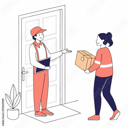 Delivery person handing package to customer at door home delivery service