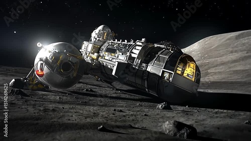 Spacecraft lunar landing, night scene, grayscale and gold accents, dark background, rocky lunar surface, detailed spacecraft model