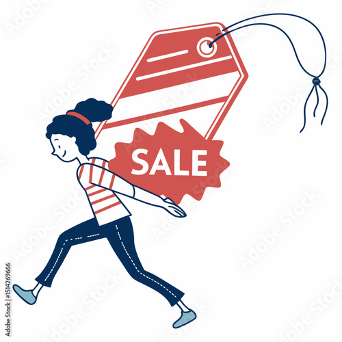 Woman carrying large sale tag running shopping spree