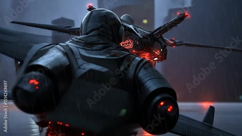 Rainy city night scene featuring a futuristic drone and a person in dark clothing. Red lights illuminate the drone, creating a dramatic atmosphere