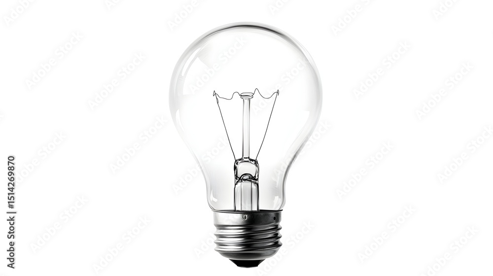A clear, incandescent light bulb against a white background, showcasing its glass structure and metal base A clear, incandescent light bulb against a white background, showcasing its glass structure and metal base
