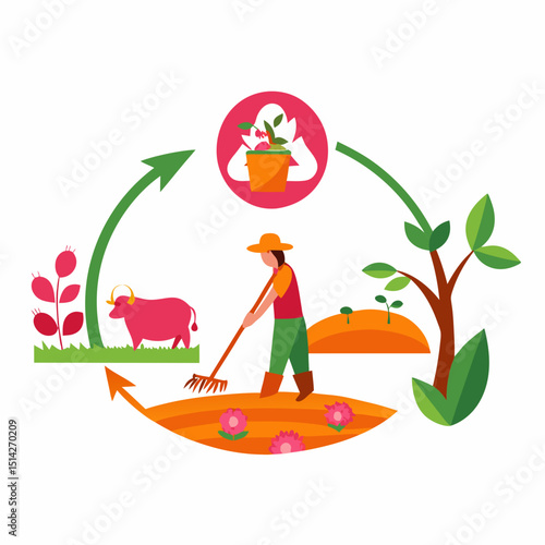 Farmer working land sustainable agriculture cycle growing plants
