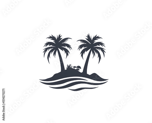 Minimalist island logo featuring palm trees ocean waves and a tropical paradise concept