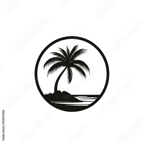 Silhouette palm tree on tropical island within a circle frame for logos and branding