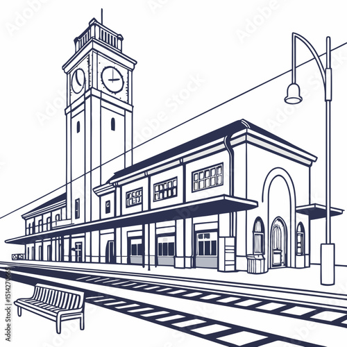 Classic train station building with clock tower and bench