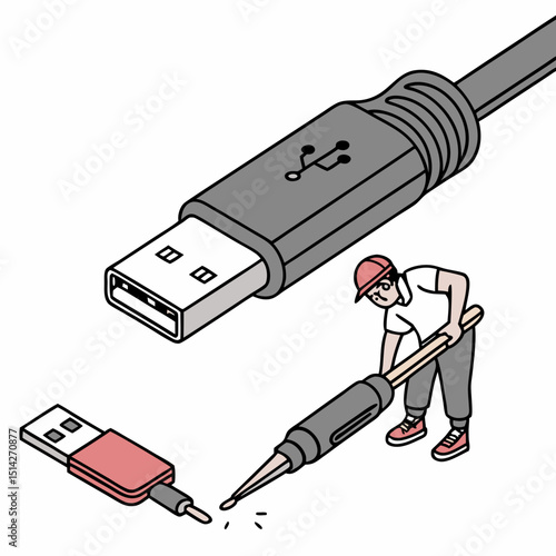 Repairing a usb cable isometric illustration