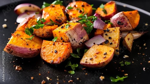 Close-up view of roasted sweet potatoes and red onions seasoned with herbs and spices, served on a black plate