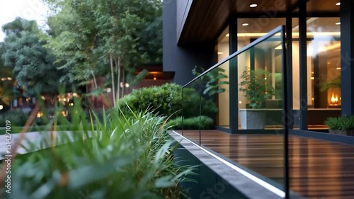 Modern house exterior with dark wood deck, glass railing, lush green landscaping, and warm interior lighting. Tranquil and serene atmosphere