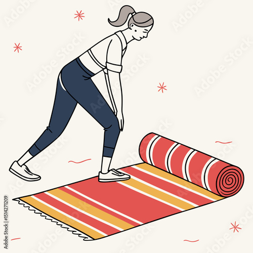 Woman unrolling striped rug clean cutout illustration