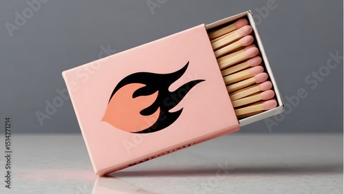 Pink matchbox featuring a flaming graphic with matches inside on a soft gray background