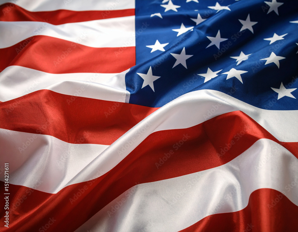 Fototapeta premium Close-up of American Flag Waving Proudly – Patriotic Symbol for Memorial Day, 4th of July, Independence Day Celebrations, USA Pride, and National Holidays on Adobe Stock.
