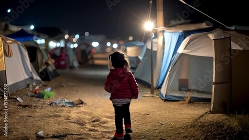 A young child walks alone at night through a refugee camp. Tents and makeshift shelters are visible under dim lighting. The scene evokes feelings of vulnerability and displacement