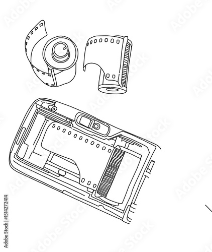 Line art Analog camera and rollfilm black and white sketch. Coloring object retro