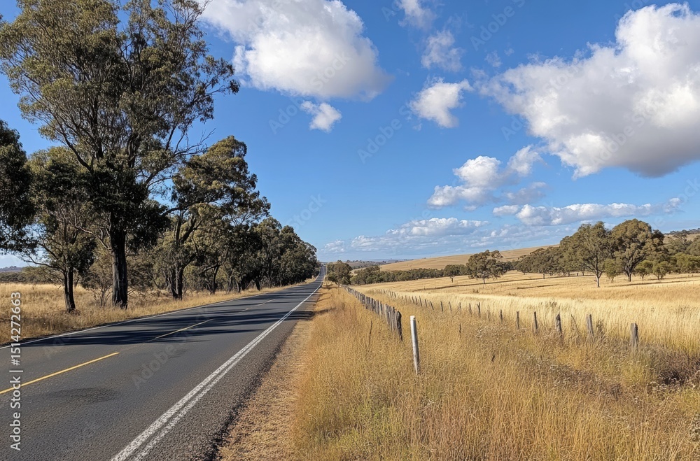 Naklejka premium Wide open road stretching across rural countryside with blue skies