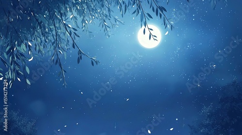 On summer nights, the moon under a blue starry sky and willow leaves.