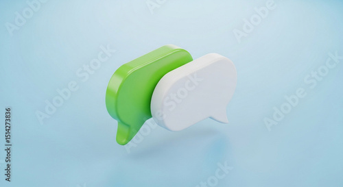 Two isometric 3D speech bubbles in soft white and bold green, placed over a gradient blue backdrop, expressing a clean and simple modern dialogue design.