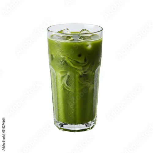 Refreshing iced matcha latte drink in glass cup with ice cubes beverage photography