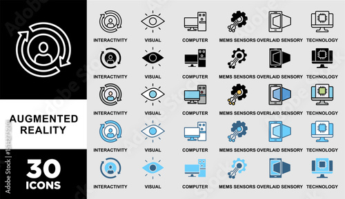 AUGMENTED REALITY icon set with various styles and colors of interactivity, visual, computer, mems sensors, overlaid sensory and technology