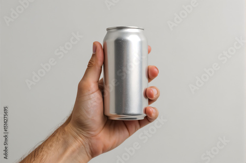 A hand firmly holds a plain unlabeled aluminum can against a neutral background Metal texture