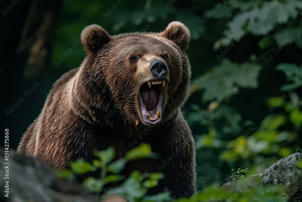 Fototapeta premium Angry wild bear roaring in dense forest with sharp teeth and intense expression