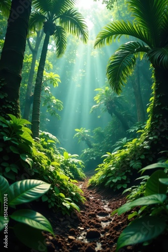 Fototapeta Naklejka Na Ścianę i Meble -  Dense jungle, giant ferns, dinosaur footprints, bone, jungle