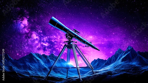 A sleek, black telescope on a tripod stands before a vibrant purple and blue nebula-filled night sky above a snow-covered mountain range