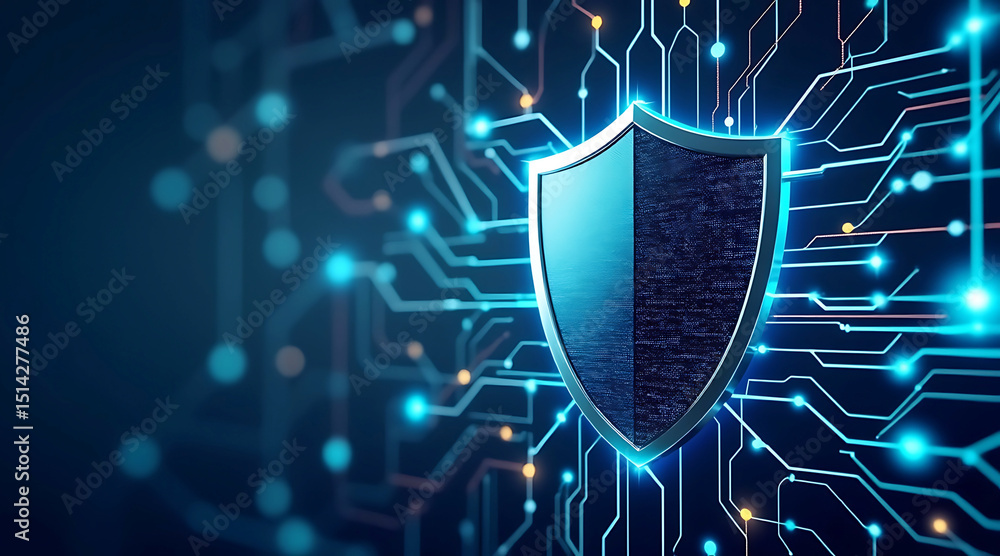 Fototapeta premium Digital cybersecurity shield symbol on a circuit board background protecting data and networks online.
