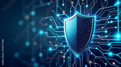 Digital cybersecurity shield symbol on a circuit board background protecting data and networks online.