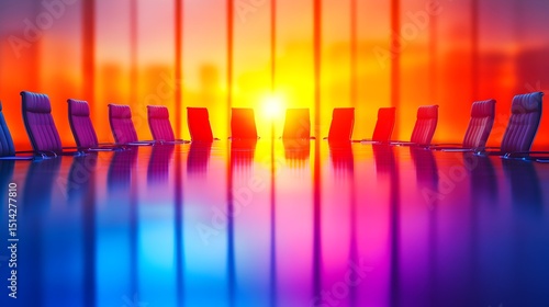 A long conference table reflects a vibrant sunset through a large window, empty chairs surrounding it, suggesting a meeting yet to begin or recently concluded