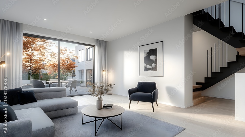 Modern living room with grey sofa, coffee table, armchair, and large window overlooking autumnal patio and modern staircase Modern living room with grey sofa, coffee table, armchair, and large window overlooking autumnal patio and modern staircase
