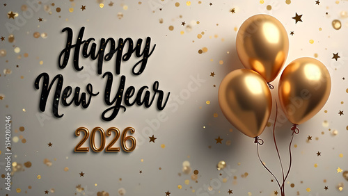 Elegant Happy New Year 2026 Celebration with Golden Balloons and Confetti