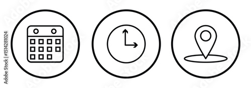 Time, date, location or place icons symbol. Time, date and address icon.
