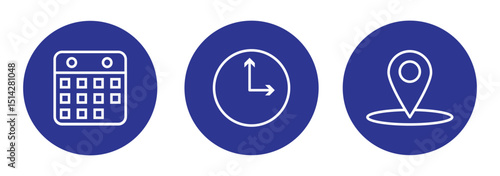 Time, date, location or place icons symbol. Time, date and address icon.