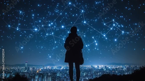 Silhouette of a person gazing at a city skyline at night, with a celestial constellation projected above