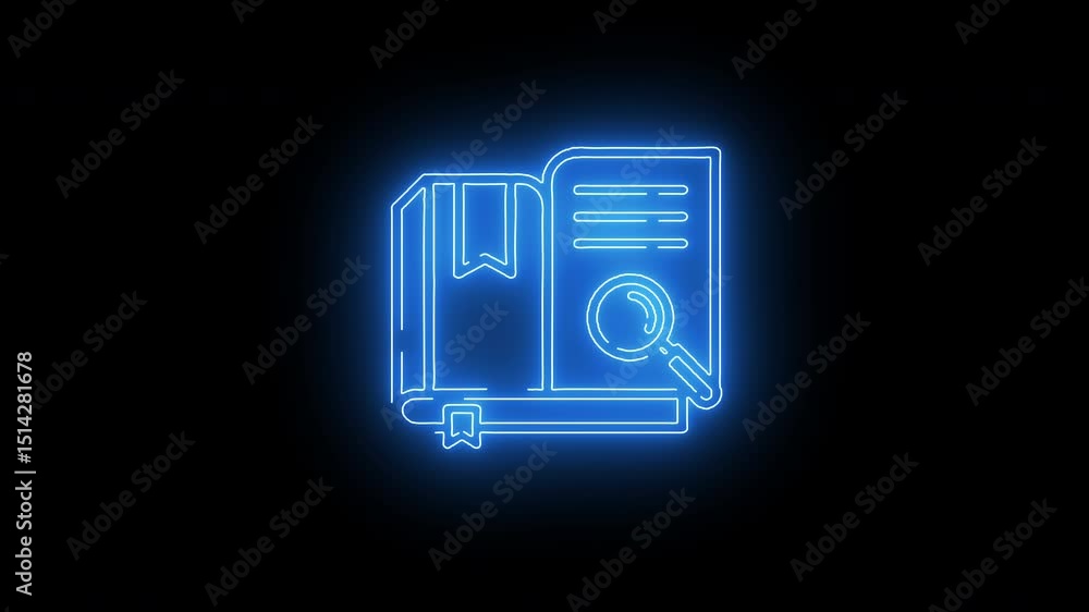 Neon glowing academic book and magnifying glass Neon glowing academic book and magnifying glass