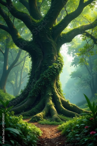 Giant tree buttresses, tangled vines, thick undergrowth, vibrant green foliage, dense, environment, rainforest
