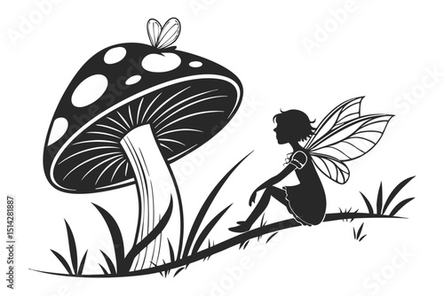 fairy with mushrooms silhouette in a forest vector illustration