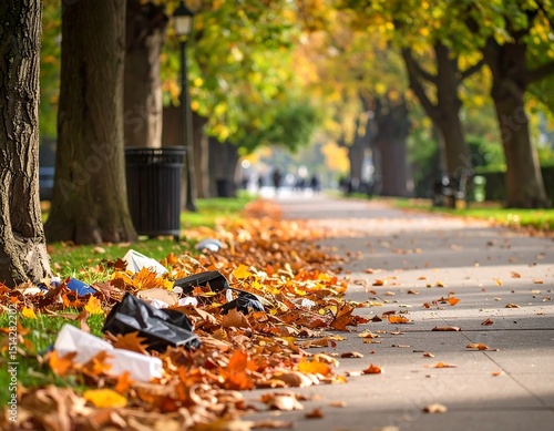 Autumn park path littered with fallen leaves