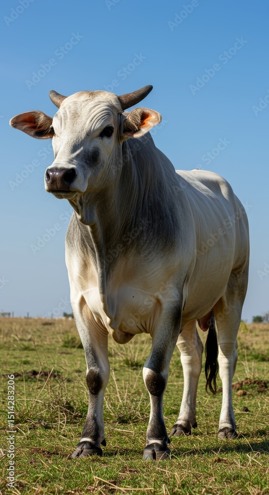 Fototapeta premium Majestic White Bull Standing Proudly in a Lush Green Pasture Under a Clear Blue Sky