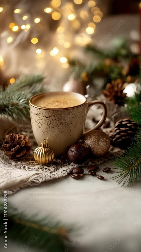 Festive coffee cup with cinnamon on the foam, surrounded by pine branches, ornaments, and coffee beans on a neutral tablecloth for holiday season Festive coffee cup with cinnamon on the foam, surrounded by pine branches, ornaments, and coffee beans on a neutral tablecloth for holiday season