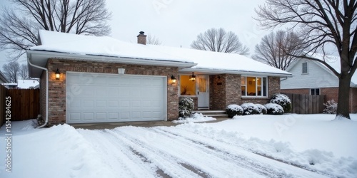 Brick house winter scene, snow covered driveway and lawn, illuminated garage door
